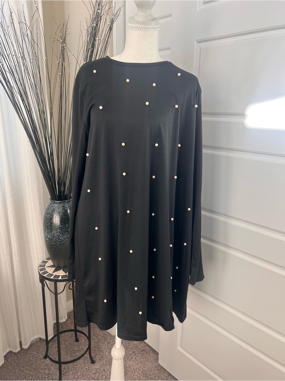 Amazon Black Long Sleeve Dress with Pearl Studs